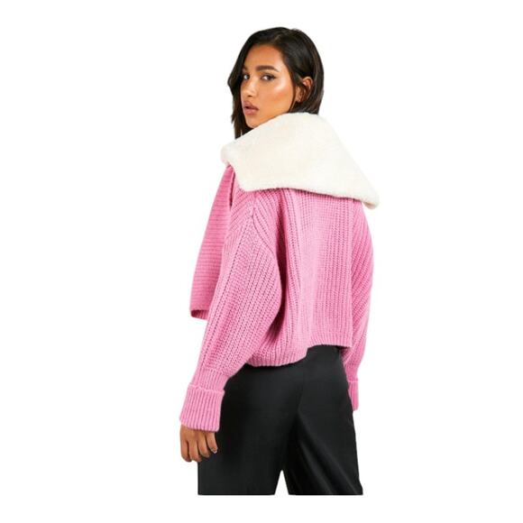 NWT Boohoo Womens  Pink boohoo Faux Fur Collar Chunky Cropped Cardigan Small - Picture 3 of 7